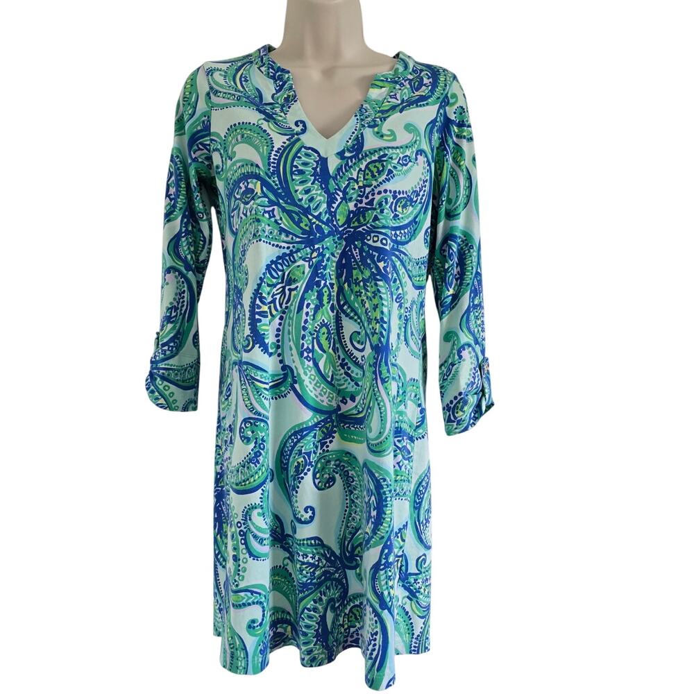 Lily Pulitzer Floral Paisley V-neck Shift Mini Dress Tunic Blue-XS Pima Cotton
